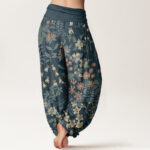 Buddha Stones Casual Daisy Flowers Leaves Design Women's Elastic Waist Harem Pants - image 3