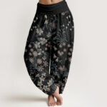 Buddha Stones Casual Daisy Flowers Leaves Design Women's Elastic Waist Harem Pants - Black - US22，UK/AU26，EU54 (6XL) - image 5
