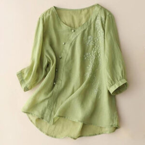 Buddha Stones Casual Loose Flower Embroidery Frog Button Short Sleeve Women's Shirt