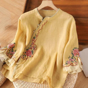 Buddha Stones Casual Loose Peony Embroidery Frog Button Three Quarter Sleeve Women's Shirt