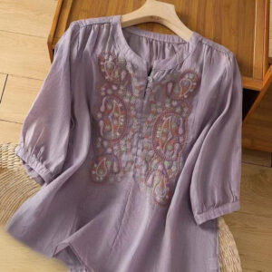 Buddha Stones Casual Loose Embroidery Frog Button Half Sleeve Crew Neck Cotton Women's Shirt