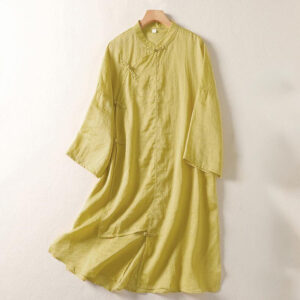 Buddha Stones Plain Frog-Button Long Sleeve Cotton Linen Women's Midi Dress