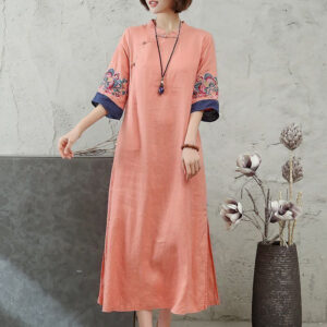 Buddha Stones Embroidery Frog-Button Half Sleeve Cotton Linen Women's Midi Dress