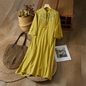 Buddha Stones Vintage Embroidery Frog-button Half Sleeve High Waist Cotton Linen Women's Midi Dress