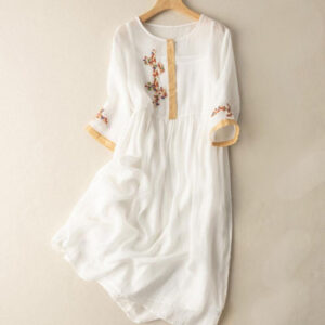 Buddha Stones Spring Ethnic Embroidery Half Sleeve Cotton Linen Women's Midi Dress