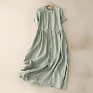 Buddha Stones Casual Plain Button Crew Ruffle Neck Short Sleeve Cotton Linen Women's Midi Dress