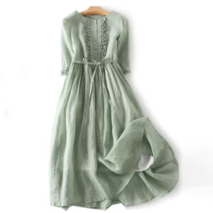Buddha Stones Casual Plain Ruffle Design Short Sleeve Lace-Up Cotton Linen Women's Midi Dress With Pockets