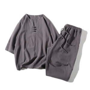 Buddha Stones 2Pcs Plain Notched Collar T-Shirt 7-8 Length Wide Leg Shorts With Pockets Cotton Linen Men's Meditation Cloth Set