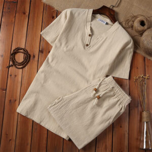 Buddha Stones 2Pcs Plain Notched Collar Short Sleeve T-Shirt Shorts With Pockets Cotton Linen Men's Meditation Cloth Set
