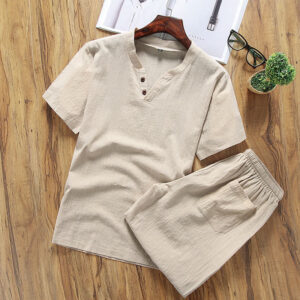 Buddha Stones Casual 2Pcs Plain Sleeve T-Shirt Shorts With Pockets Cotton Linen Men's Meditation Cloth Set