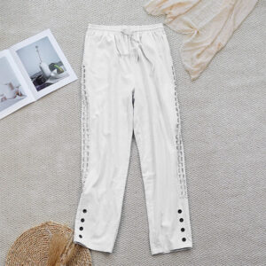 Buddha Stones Summer Plain Color Splicing Design Cotton Linen Women's Pants With Pockets