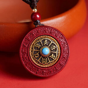 Buddha Stones Natural Cinnabar Om Mani Padme Hum Rotatable Scripture Yin Yang Pattern Blessing Necklace String Pendant - image 0