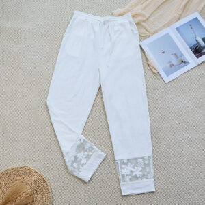Buddha Stones Summer Daily FloralWhite Plain Patchwork Lace Design Cotton Linen Women's Pants With Pockets