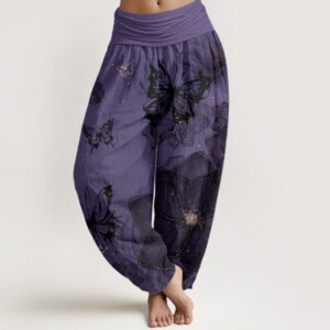 Buddha Stones Butterfly Flowers Pattern Women's Elastic Waist Harem Pants - DarkViolet - US22，UK/AU26，EU54 (6XL) - image 1