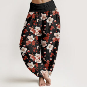 Buddha Stones Pink Red Peach Blossoms Design Women's Elastic Waist Harem Pants - Black - US22，UK/AU26，EU54 (6XL) - image 1