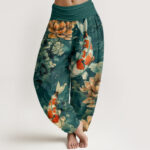 Buddha Stones Colorful Koi Fish Lotus Flowers Design Women's Elastic Waist Harem Pants - LightSeaGreen - US22，UK/AU26，EU54 (6XL) - image 1