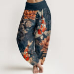 Buddha Stones Colorful Koi Fish Lotus Flowers Design Women's Elastic Waist Harem Pants - SteelBlue - US22，UK/AU26，EU54 (6XL) - image 8