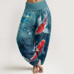 Buddha Stones Colorful Koi Fish Ocean Design Women's Elastic Waist Harem Pants - CadetBlue - US22，UK/AU26，EU54 (6XL) - image 8