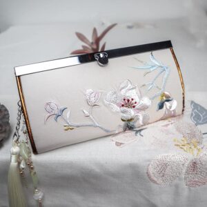 Buddha Stones Magnolia Flower Double-sided Embroidery Large Capacity Cash Holder Wallet Shopping Purse