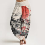 Buddha Stones Casual Red Plum Blossom Mountains Sun Pattern Women's Elastic Waist Harem Pants - Beige - US22，UK/AU26，EU54 (6XL) - image 8