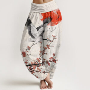 Buddha Stones Red-Crowned Crane Sun Red Plum Blossom Pattern Women's Elastic Waist Harem Pants - WhiteSmoke - US22，UK/AU26，EU54 (6XL) - image 1
