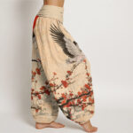 Buddha Stones Red-Crowned Crane Sun Red Plum Blossom Pattern Women's Elastic Waist Harem Pants - image 10