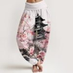 Buddha Stones Pavilion Cherry Blossom Pattern Women's Elastic Waist Harem Pants - White - US22，UK/AU26，EU54 (6XL) - image 1