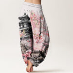 Buddha Stones Pavilion Cherry Blossom Pattern Women's Elastic Waist Harem Pants - image 2
