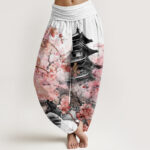 Buddha Stones Pavilion Cherry Blossom Pattern Women's Elastic Waist Harem Pants - Snow - US22，UK/AU26，EU54 (6XL) - image 5