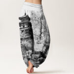 Buddha Stones Pavilion Cherry Blossom Pattern Women's Elastic Waist Harem Pants - image 9