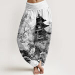 Buddha Stones Pavilion Cherry Blossom Pattern Women's Elastic Waist Harem Pants - WhiteSmoke - US22，UK/AU26，EU54 (6XL) - image 8