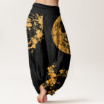 Buddha Stones Golden Plum Blossom Full Moon Pattern Women's Elastic Waist Harem Pants - image 2