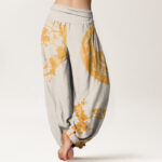 Buddha Stones Golden Plum Blossom Full Moon Pattern Women's Elastic Waist Harem Pants - image 9