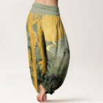 Buddha Stones Bamboo Leaves Full Moon Pattern Women's Elastic Waist Harem Pants - image 2