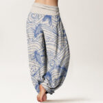 Buddha Stones Koi Fish Wave Pattern Women's Elastic Waist Harem Pants - image 6
