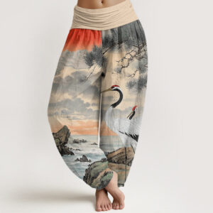 Buddha Stones Casual Red-Crowned Crane Sun Tree Pattern Women's Elastic Waist Harem Pants - PaleGoldenrod - US22，UK/AU26，EU54 (6XL) - image 1