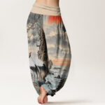 Buddha Stones Casual Red-Crowned Crane Sun Tree Pattern Women's Elastic Waist Harem Pants - image 2
