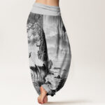 Buddha Stones Casual Red-Crowned Crane Sun Tree Pattern Women's Elastic Waist Harem Pants - image 6