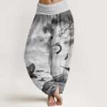 Buddha Stones Casual Red-Crowned Crane Sun Tree Pattern Women's Elastic Waist Harem Pants - LightGrey - US22，UK/AU26，EU54 (6XL) - image 5
