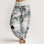 Buddha Stones Casual Red-Crowned Crane Bamboo Leaves Mountain Pattern Women's Elastic Waist Harem Pants - WhiteSmoke - US22，UK/AU26，EU54 (6XL) - image 1