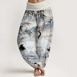 Buddha Stones Casual Red-Crowned Crane Bamboo Leaves Mountain Pattern Women's Elastic Waist Harem Pants - WhiteSmoke - US22，UK/AU26，EU54 (6XL) - image 1