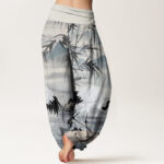 Buddha Stones Casual Red-Crowned Crane Bamboo Leaves Mountain Pattern Women's Elastic Waist Harem Pants - image 2