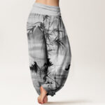 Buddha Stones Casual Red-Crowned Crane Bamboo Leaves Mountain Pattern Women's Elastic Waist Harem Pants - image 6