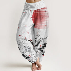 Buddha Stones Casual Red-crowned Reed Sun Crane Pattern Women's Elastic Waist Harem Pants - GhostWhite - US22，UK/AU26，EU54 (6XL) - image 1