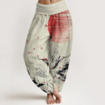 Buddha Stones Casual Red-crowned Reed Sun Crane Pattern Women's Elastic Waist Harem Pants - PaleGoldenrod - US22，UK/AU26，EU54 (6XL) - image 8