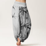 Buddha Stones Casual Bamboo Leaves Dragonfly Pattern Women's Elastic Waist Harem Pants - image 6