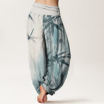 Buddha Stones Casual Bamboo Leaves Dragonfly Pattern Women's Elastic Waist Harem Pants - image 9