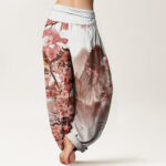 Buddha Stones Bird Cherry Blossom Mountains Pattern Women's Elastic Waist Harem Pants - image 9