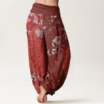 Buddha Stones Casual Red Oil-paper Umbrella Cherry Blossom Pattern Women's Elastic Waist Harem Pants - image 2