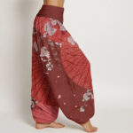 Buddha Stones Casual Red Oil-paper Umbrella Cherry Blossom Pattern Women's Elastic Waist Harem Pants - image 3
